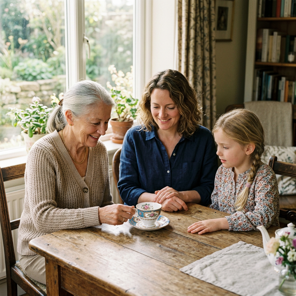 Three generations sharing a vintage teacup